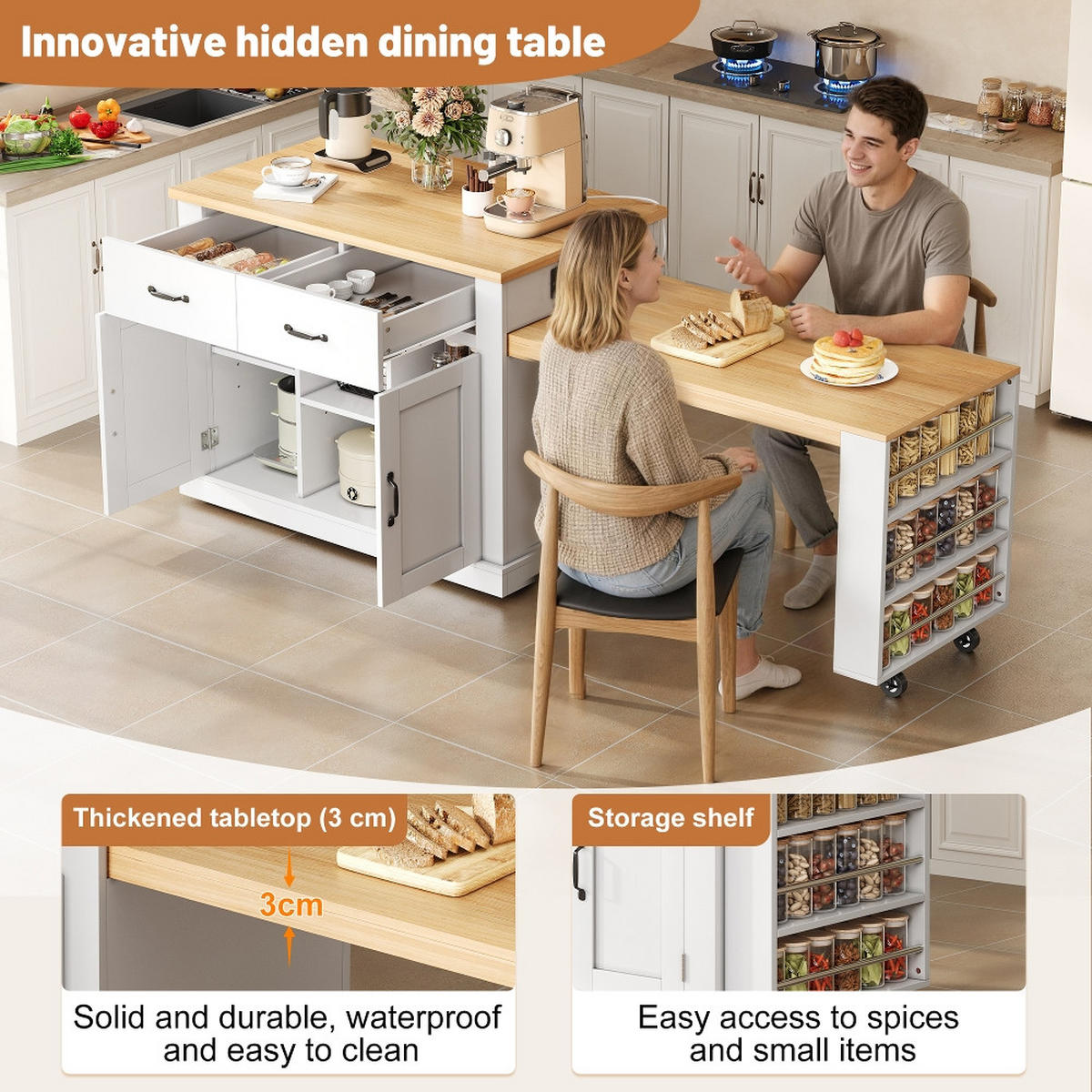 KÜCHENINSEL, Ausziehbare Arbeitsfläche, Steckdosen, USB, Holzimitat, 142-340/55/93 cm - Weiß, Kunststoff (55/93/142cm) - Rolipo