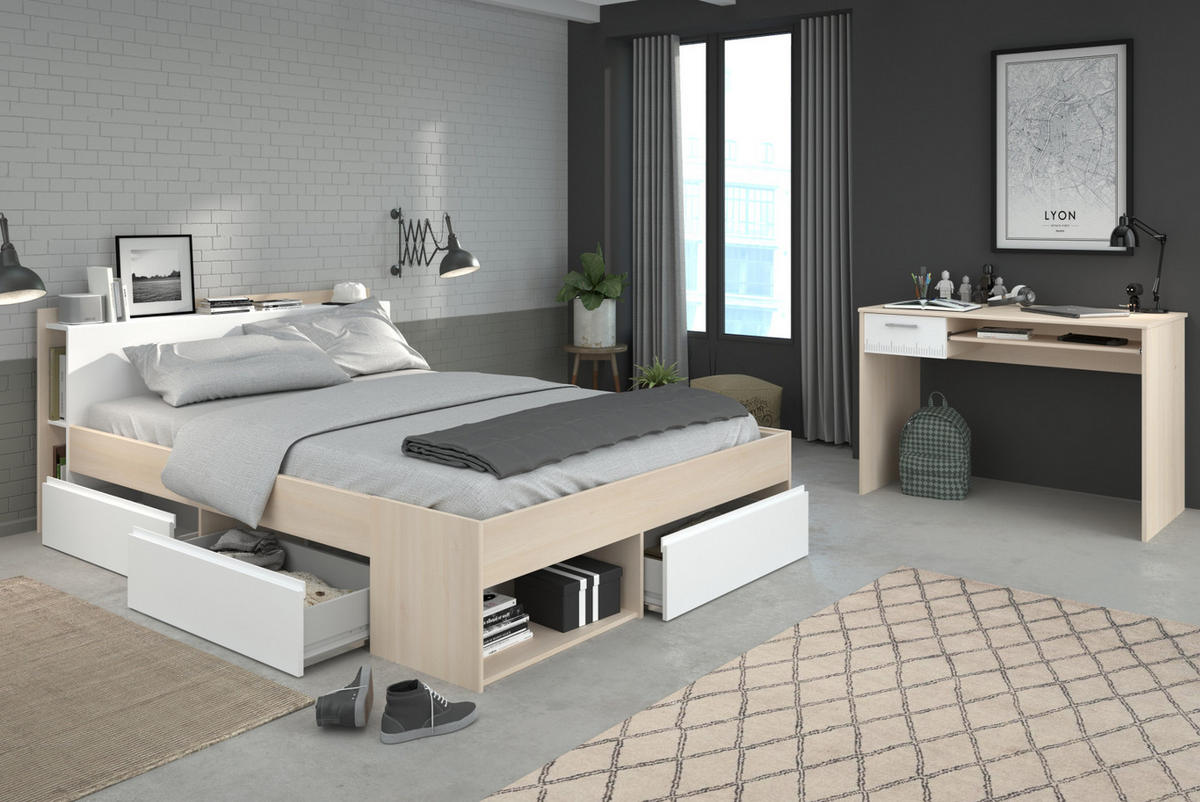 JUGENDZIMMER Set mit Stauraumbett 160 x 200 und Schreibtisch - Silberfarben/Weiß, Holz/Holzwerkstoff (140/79/200cm) - Parisot Meuble