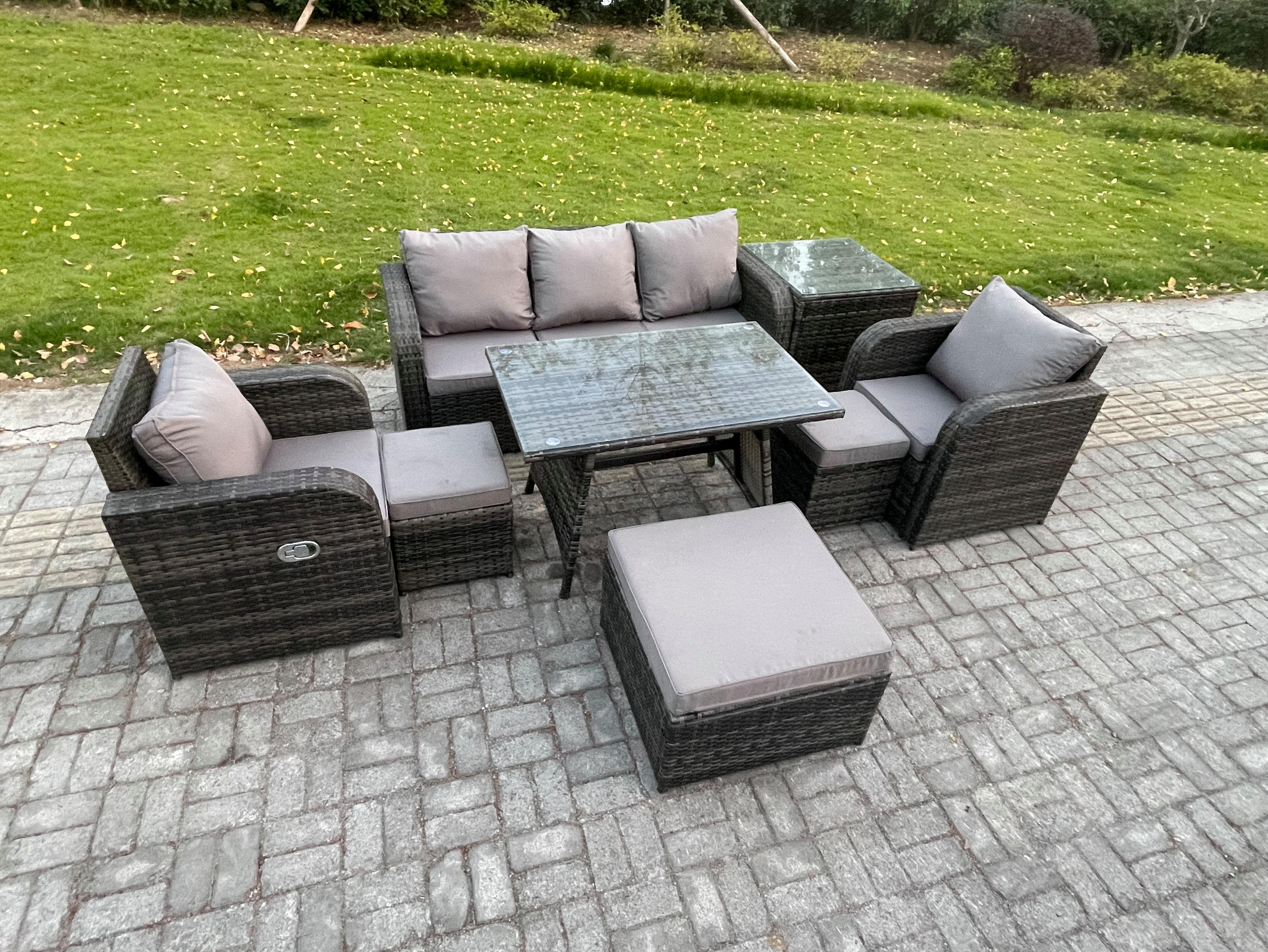 GARTENMÖBEL SET mit COUCHTISCH Polyrattan Dunkelgrau 8-Sitzer - Dunkelgrau/Grau, Glas/Kunststoff - Fimous