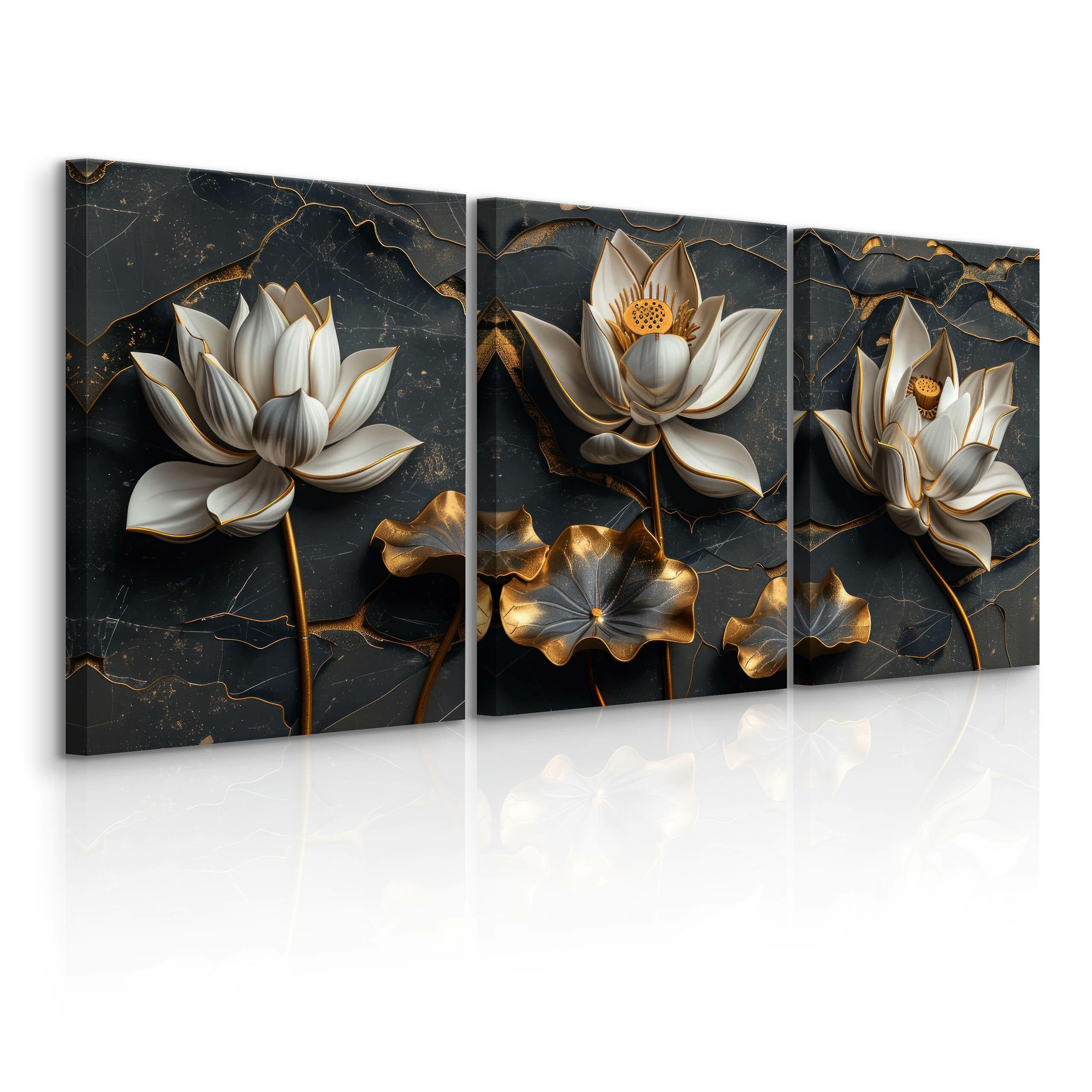LEINWANDBILDER 3-es Set Blumen 3D Marmor - Schwarz/Weiß, Textil (90/40cm) - Muralo