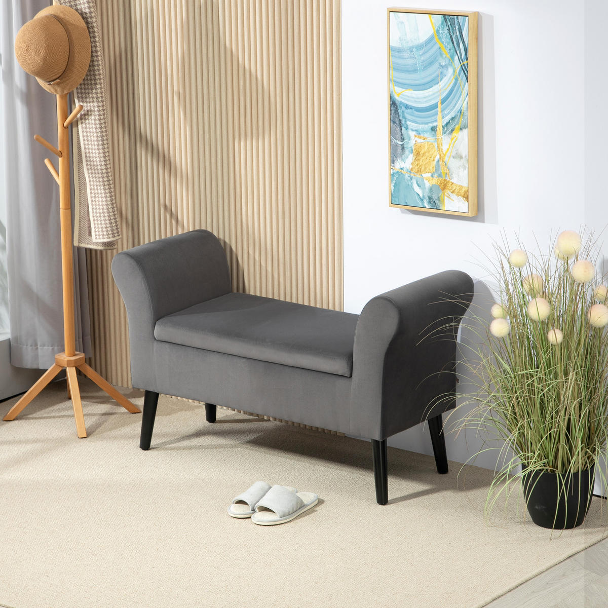 SITZBANK Polsterbank mit Stauraum Truhenbank mit Armlehnen Sitzhöhe 46 cm - Dunkelgrau, Kunststoff (41/65/111.5cm) - HOMCOM