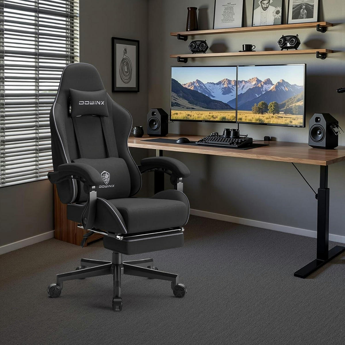 GAMING Stuhl Stoff mit Massagefunktion und Fußstütze, schwarz - Schwarz, Textil (60/123/57cm)