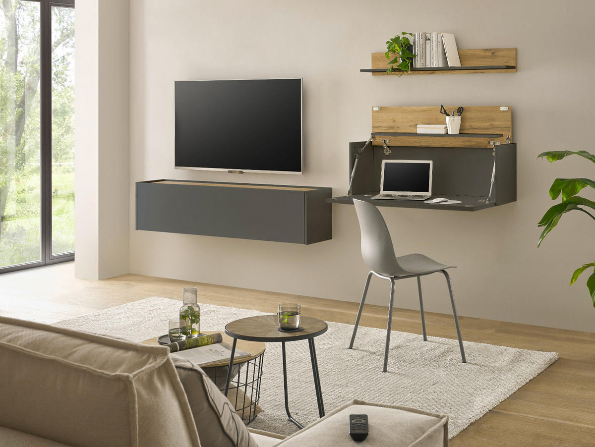 WOHNWAND grau matt, Eiche Wotan 270 cm, Wohnkombination hängend mit Sekretär - Eiche Wotan/Grau, Holzwerkstoff/Metall (270/170/30cm) - Furn.Design