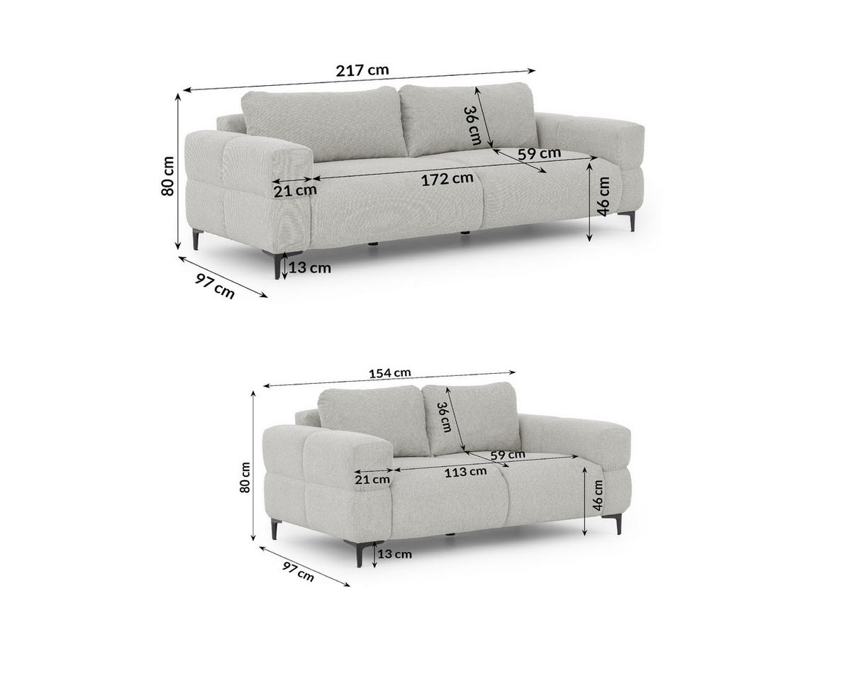 SITZGARNITUR 3+2 Cardea in Bubble-Optik aus weichem Hellgrau Strukturstoff mit hohem Sitzkomfort - Hellgrau/Schwarz, Holz/Textil (217/80/97cm) - S-Style Möbel