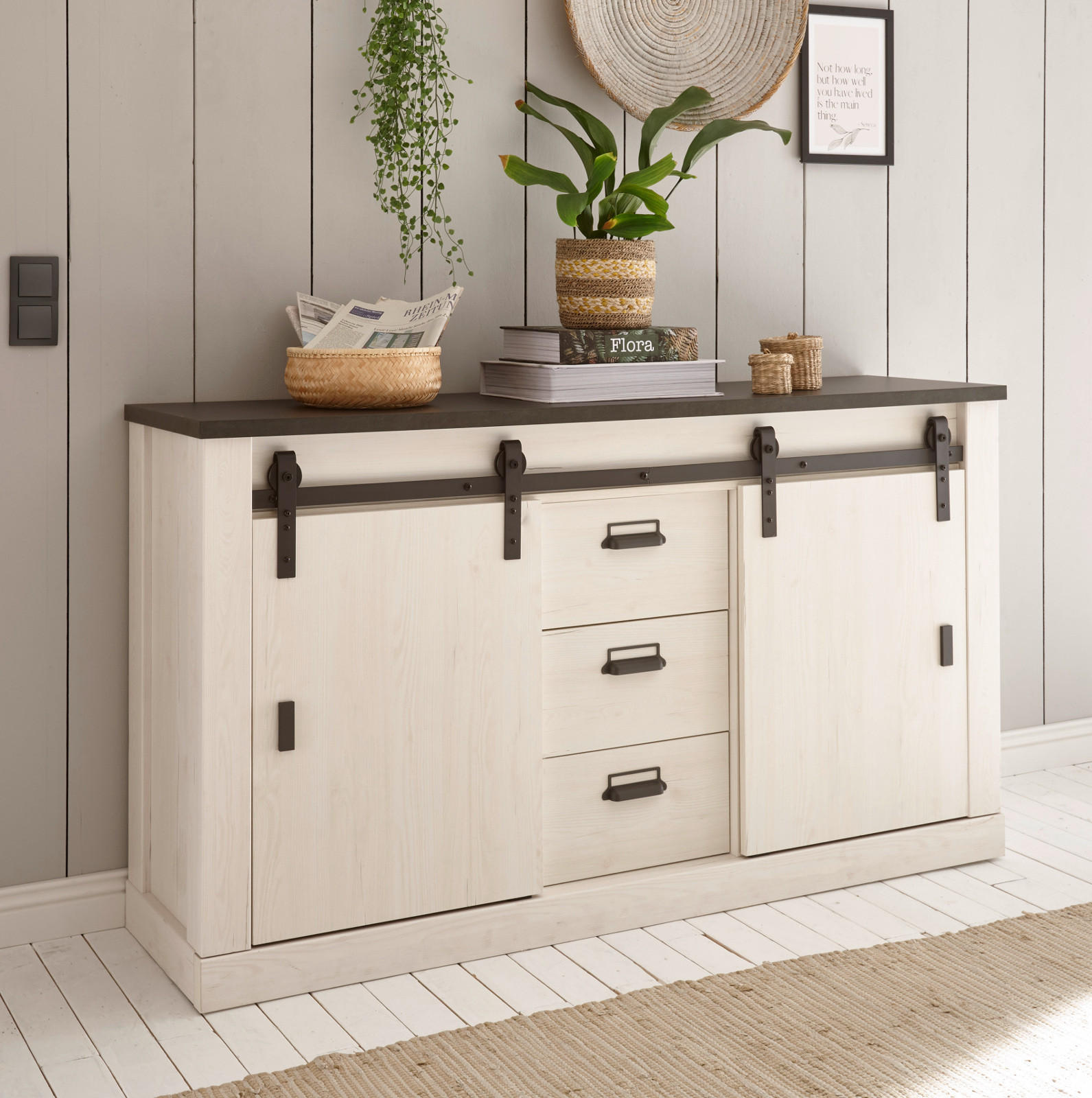 AKTENSCHRANK weiß Pinie, anthrazit Landhaus, Sideboard 162 cm mit Soft-Close - Anthrazit/Weiß, Holzwerkstoff/Metall (162/91/43cm) - Furn.Design
