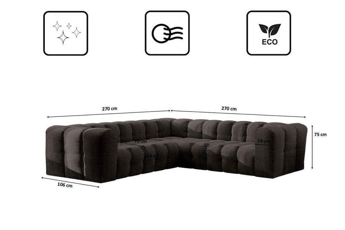 ECKSOFA Corner Mit Steppung BALOO, Chenille-Stoff Moly, Schwarz - Schwarz, Holz (270/270cm) - Kaiser Möbel