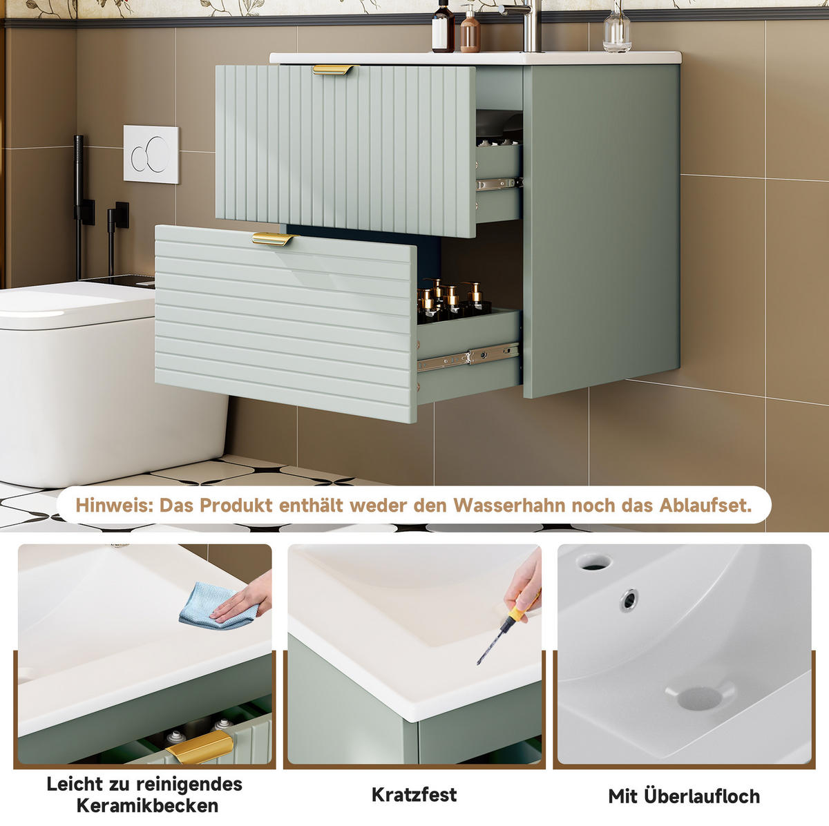 WAND-WASCHTISCH mit integriertem Waschbecken 61 x 46 x 57 cm Mintgrün - Grün, Holzwerkstoff (46/57/61cm) - Beauniv