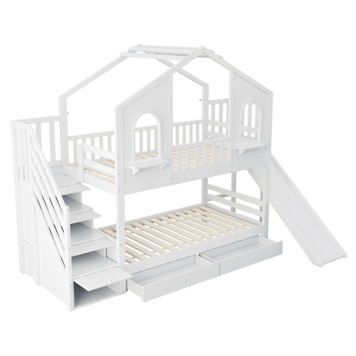 ETAGENBETT 90/200 cm in Weiß mit Rutsche, Aufbewahrungsleiter und Schubladen - Weiß, Holzwerkstoff (90/200cm) - OKMYHOME