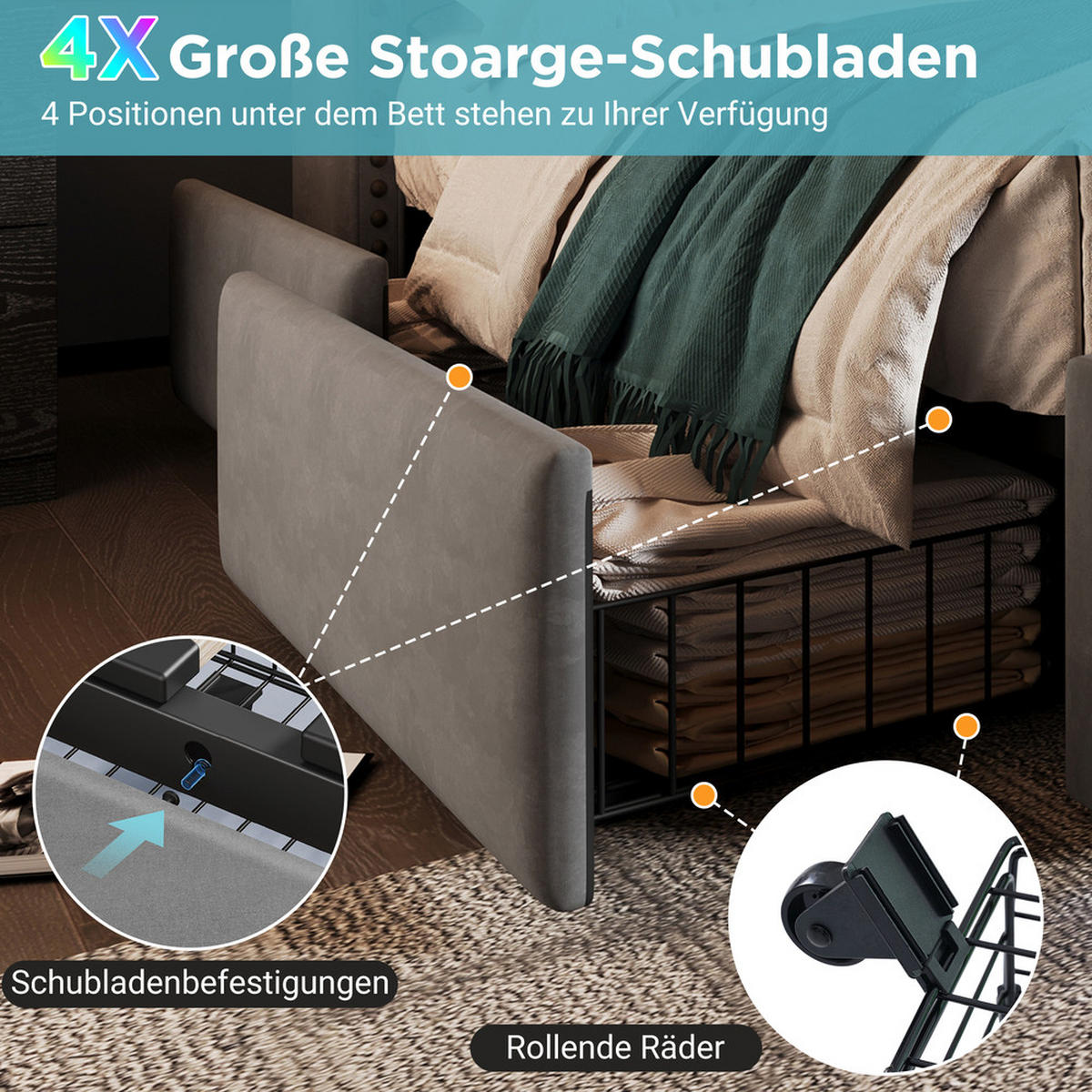 POLSTERBETT 140x200cm Doppelbett mit 4 Schubladen LED & USB-C Grau - Grau, Holz - FLIEKS