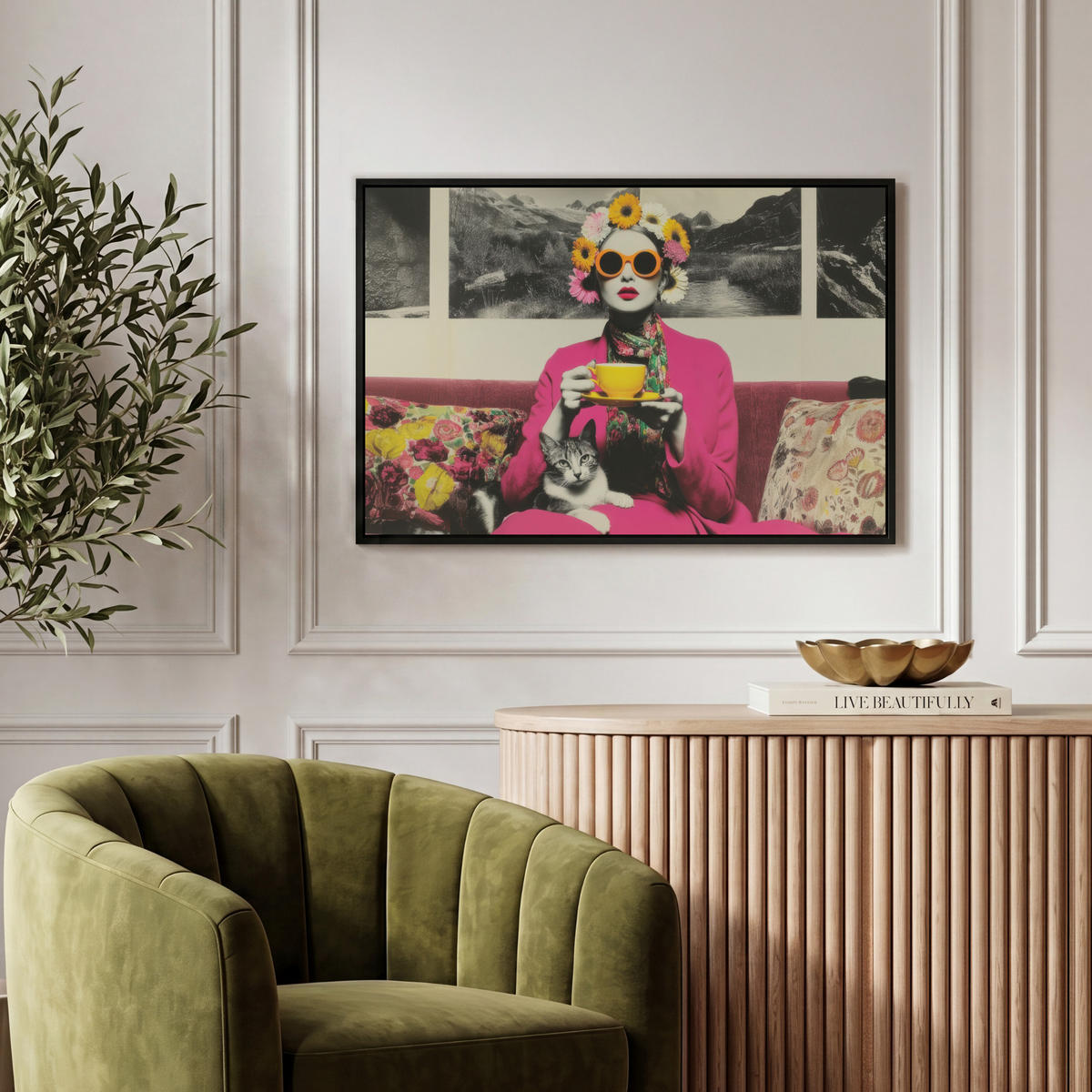 LEINWAND Bilder mit Rahmen - Frau - Katze - Blumen - Tasse - Retro - 60x40 - Magenta, Textil (60/40cm) - MuchoWow