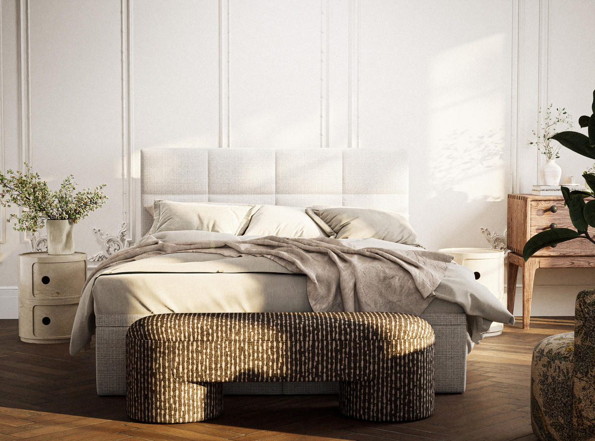 BOXBETT 140/200 cm Umage, in Beige, Matratze, gepolstertes Kopfteil, Bettkasten, H3 = fest - Beige/Schwarz, Holz/Holzwerkstoff (140/200cm) - Maison de Reve