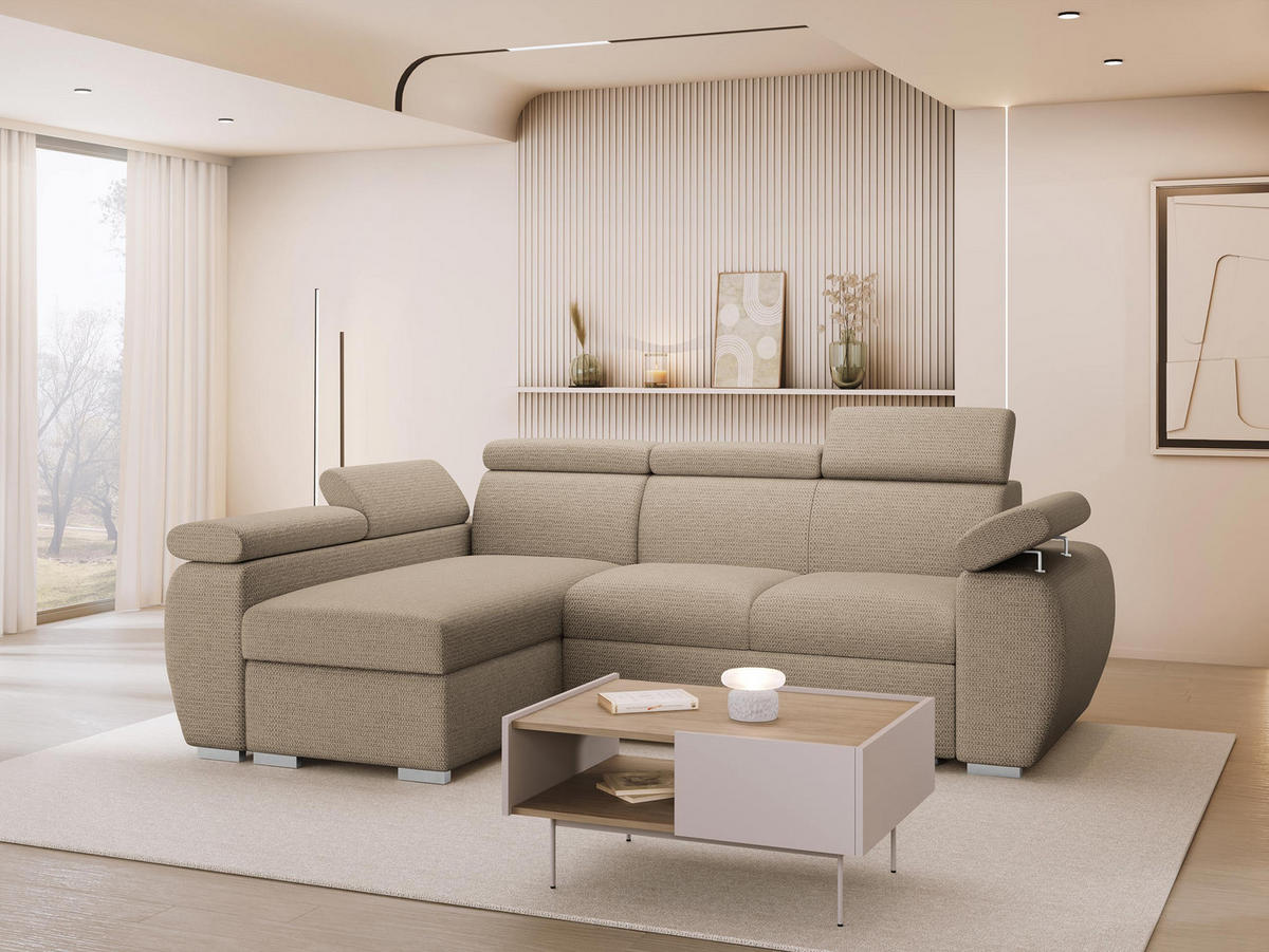 ECKSOFA Boston Mini, Seite: Links - LC+2R - Chromfarben/Beige, Holz/Textil (255/170cm) - MIRJAN24