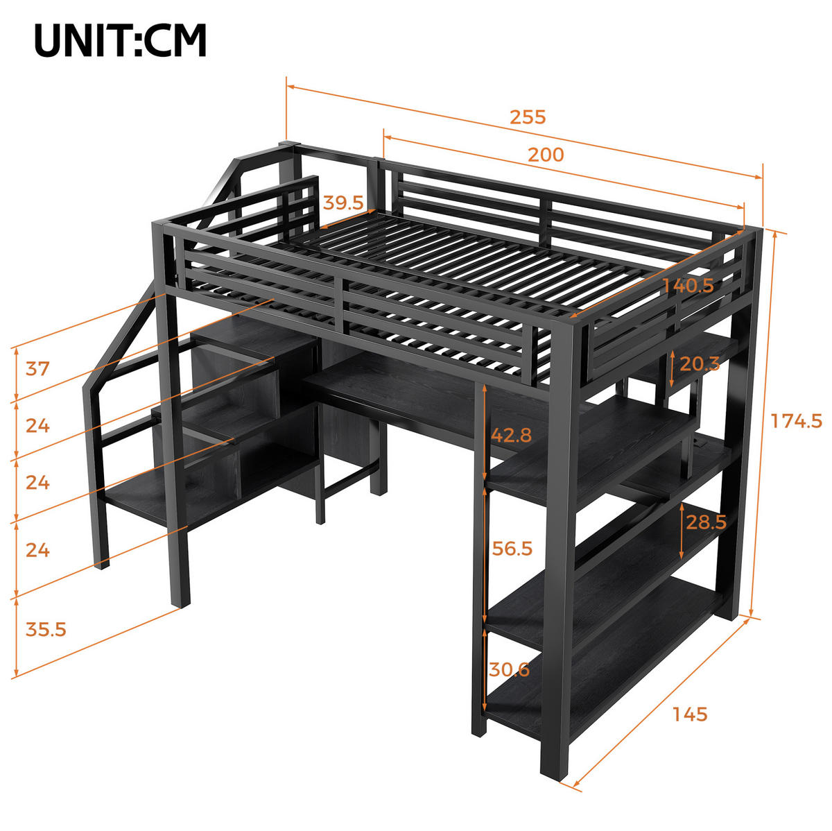 HOCHBETT 140/200 cm aus Metall/MDF mit Treppe, Schreibtisch und Kleiderschrank Schwarz - Schwarz, Holzwerkstoff (140/200cm) - Modenvie