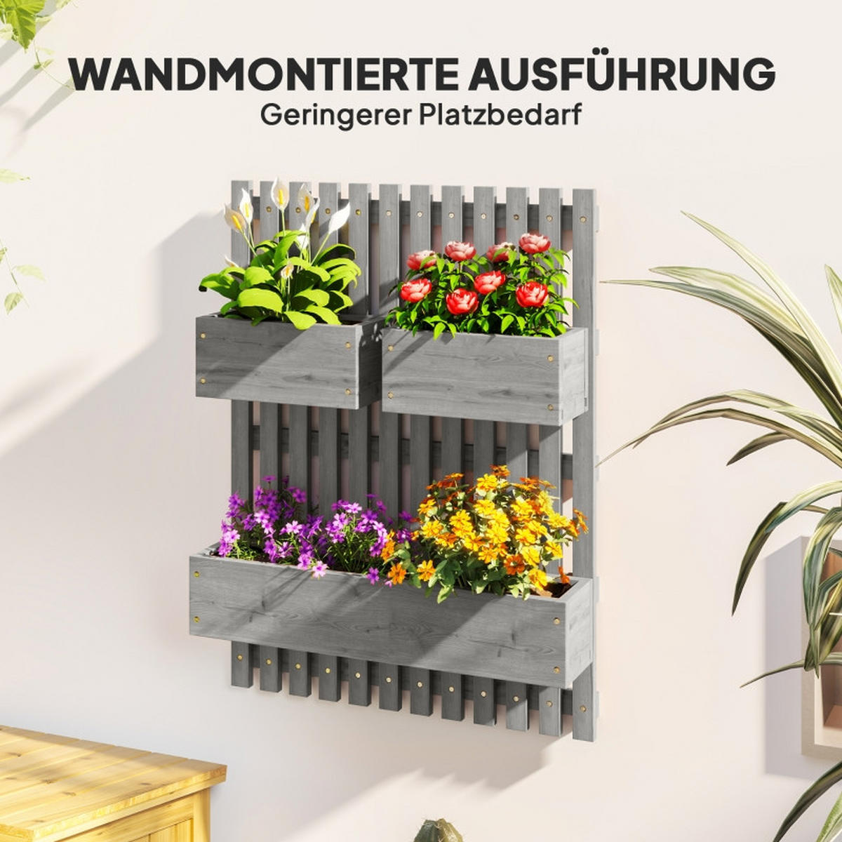 BLUMENKASTEN Set Wand Holz 60x16x80 cm - Grau, Holz (60/80/16cm) - Fortuna Lai