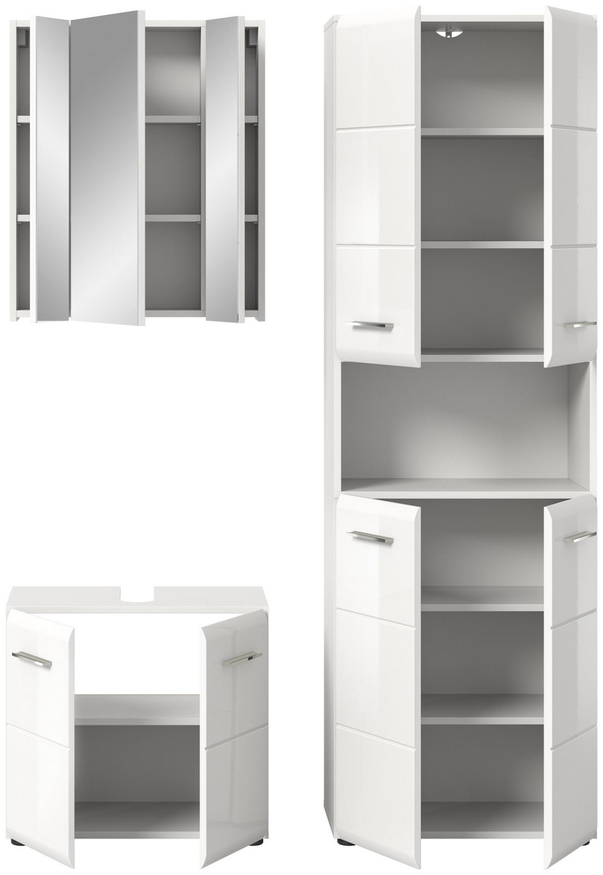 BADMÖBEL-SET 3-teilig weiß Hochglanz, Badkombination 135 cm mit viel Stauraum - Weiß Hochglanz/Silberfarben, Glas/Holzwerkstoff (135/185/30cm) - Inn.Furn