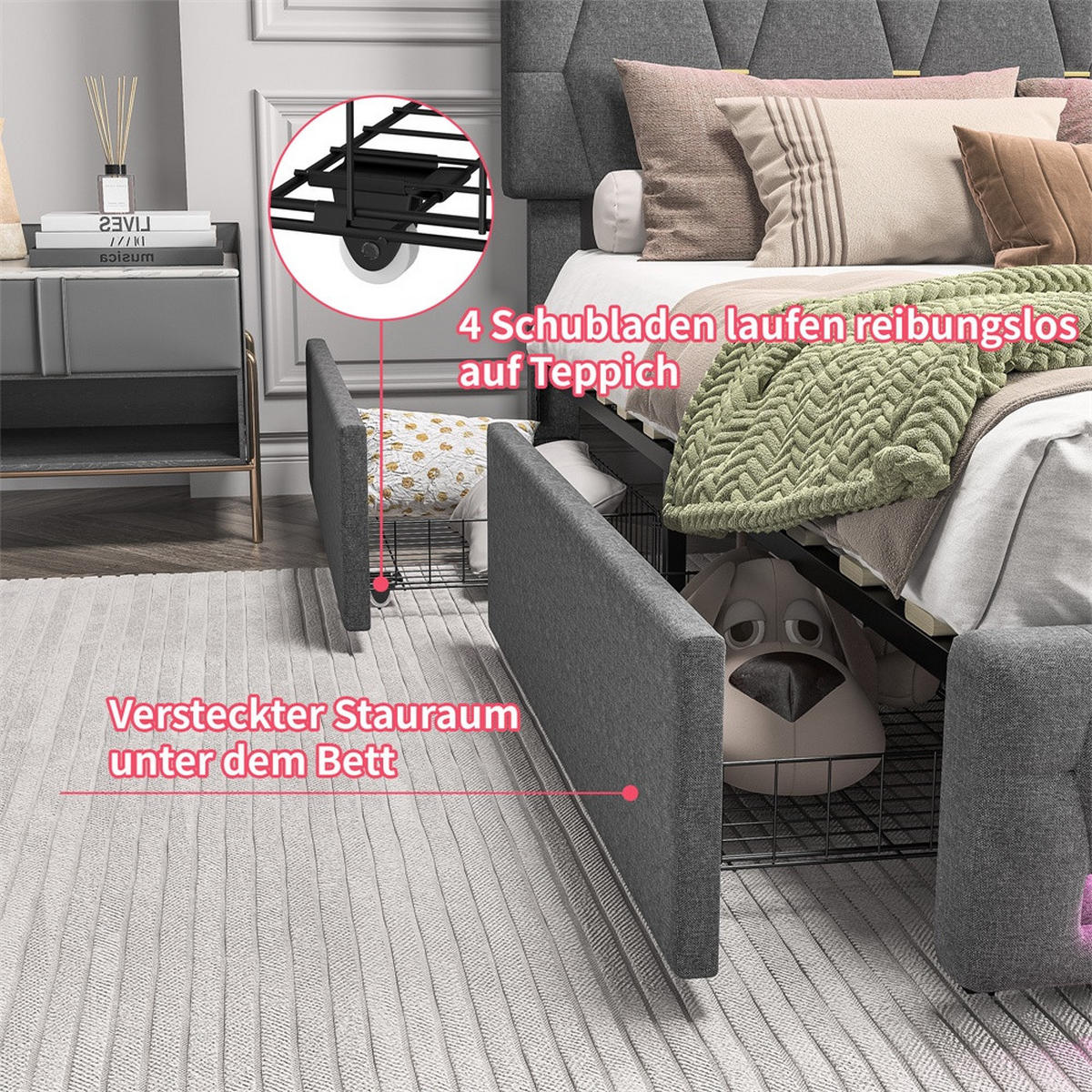 POLSTERBETT 140x200 cm - Doppelbett mit 4 Schubladen und LED-Beleuchtung - ohne Matratze - Grau - Grau, Textil (140/200cm) - DELFA
