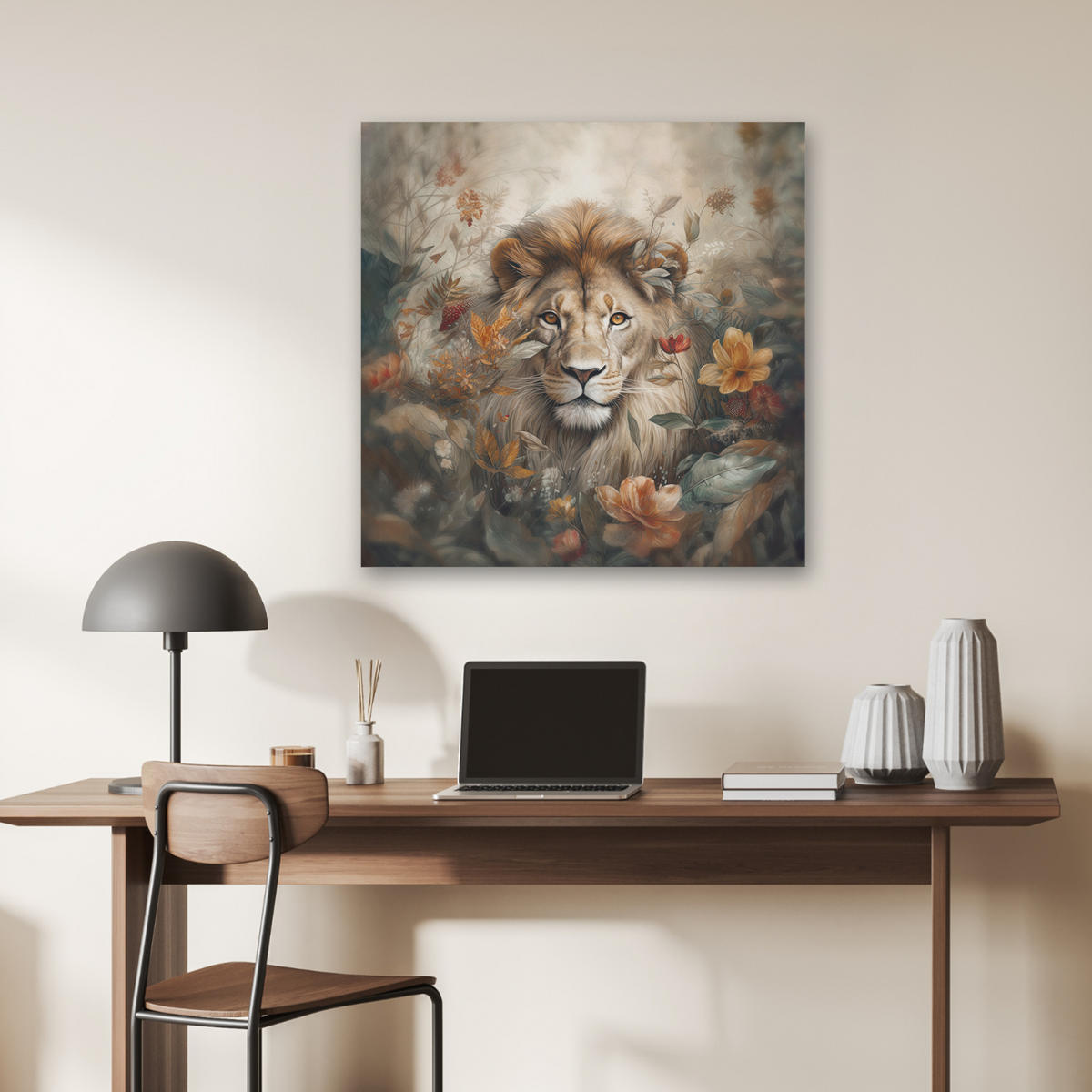 AKUSTIKBILD Löwe - Wildtiere - Pflanzen - Natur - Blumen Akustikpaneele 80x80 cm - Beige, Kunststoff (80/80/0.9cm) - MuchoWow