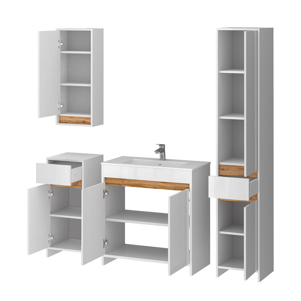 BADMÖBEL-SET Lemgo Weiß Hochglanz 5er-Set - Honigeiche/Weiß Hochglanz, Holzwerkstoff (79.8/81.9/40cm) - Vicco