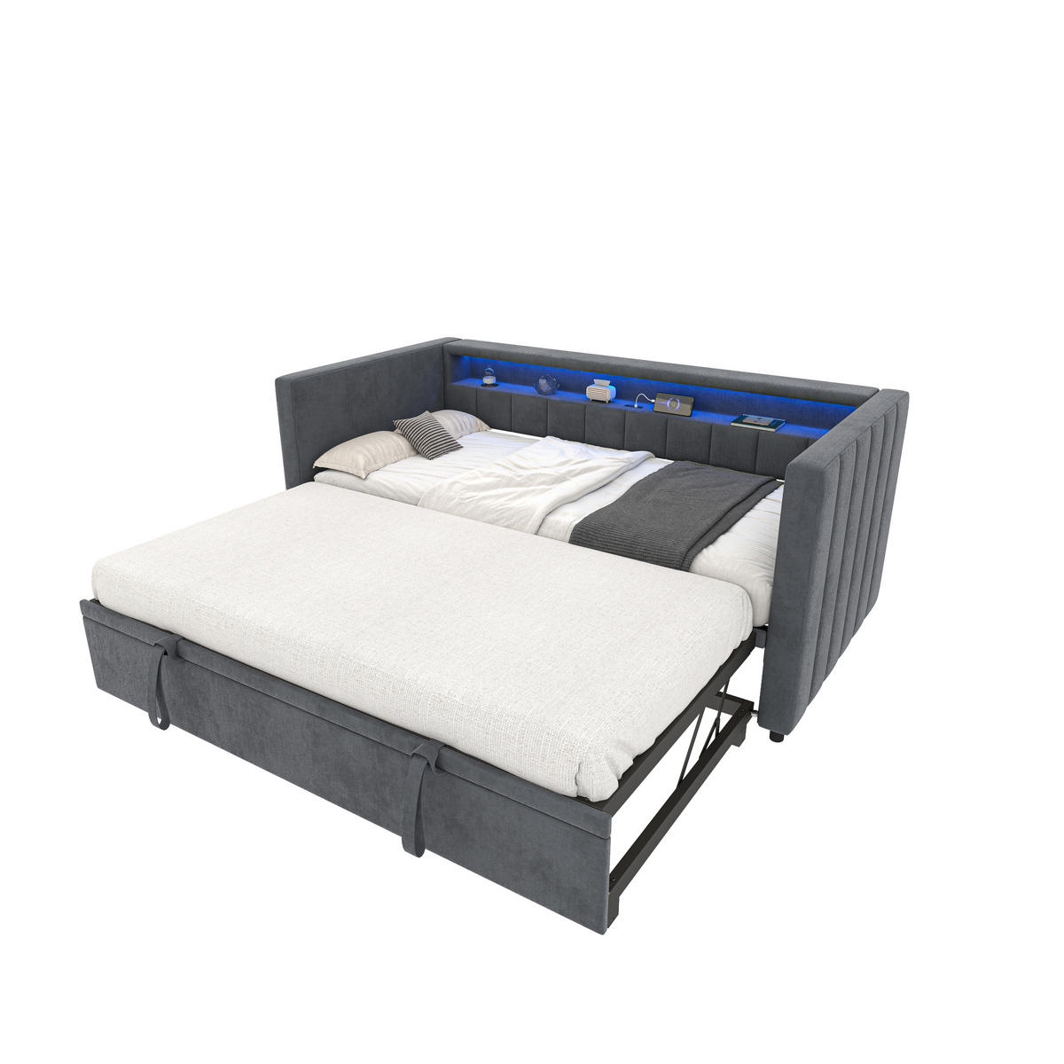 BETT mit Stauraum & Ausziehbett mit USB-C Anschluss und LED-Beleuchtung Beige 196/82-144/85 cm - Dunkelgrau, Textil - OKWISH