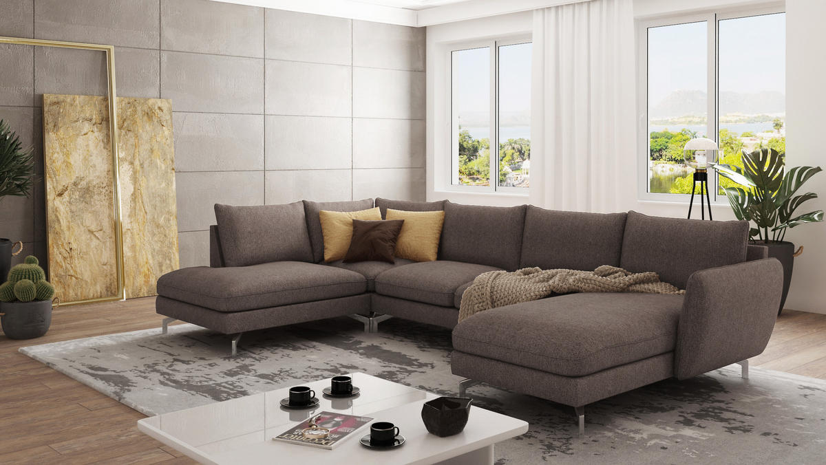 WOHNLANDSCHAFT Elou Khaki Luxusmicrofaser - Chromfarben/Dunkelbraun, Textil/Metall (336/87/200cm) - S-Style Möbel