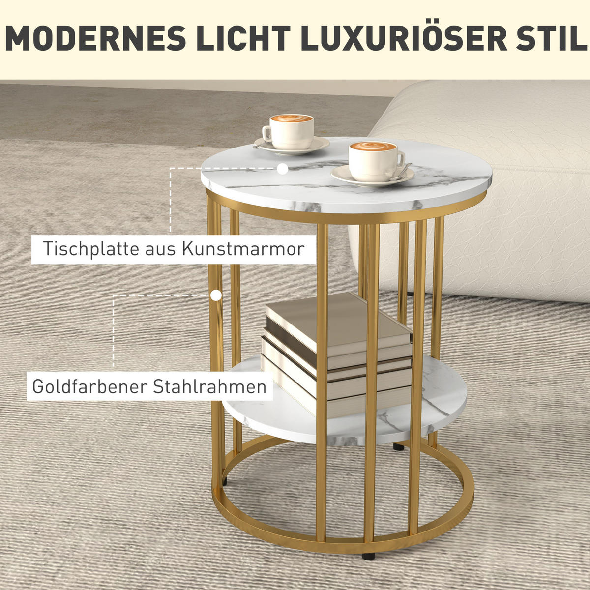 COUCHTISCH 2er Set rund in Weiß mit Ablage und Marmoroptik,45/45/55 cm - Weiß, Holz (45/45/55cm) - Flora Grace