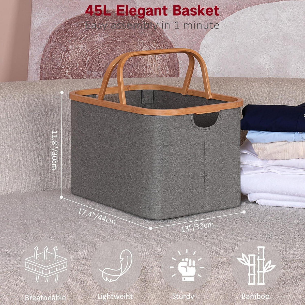 WÄSCHEKORB Bambus Stoff Grau 43 Liter - Grau, Naturmaterialien (30/44/33cm)