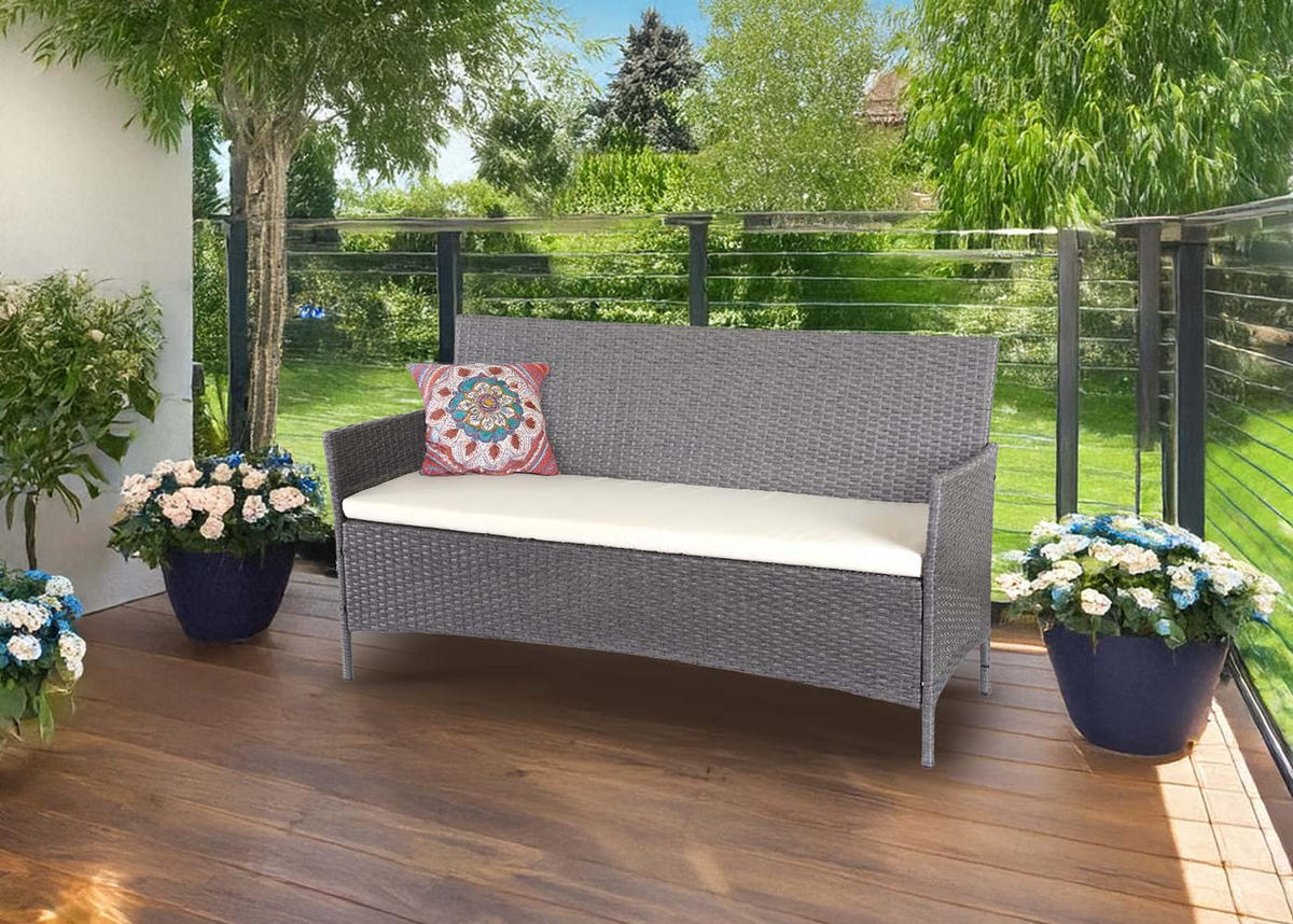 3-SITZER POLY-RATTAN GARTENBANK Hellgrau, Cremeweiß - Hellgrau/Weiß, Kunststoff (154/82/60cm) - MCW