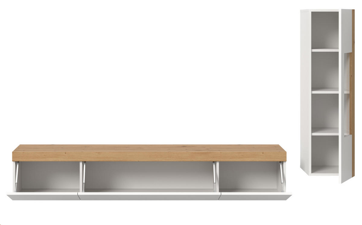 WOHNWAND 2-teilig weiß und Eiche 225 cm, Schrankwand stehend/hängend - Schwarz/Weiß, Glas/Holzwerkstoff (225/157/33cm) - Inn.Furn