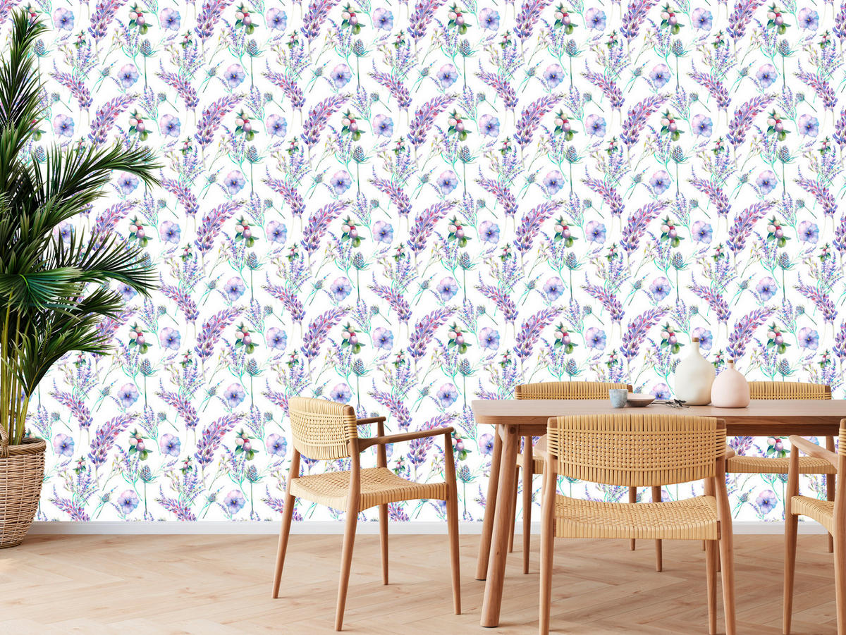 VLIESTAPETE Lavendel und Blüten – Lila, Grün, Weiß – 50x1000 cm - Lila/Weiß, Papier (50/1000cm) - Muralo