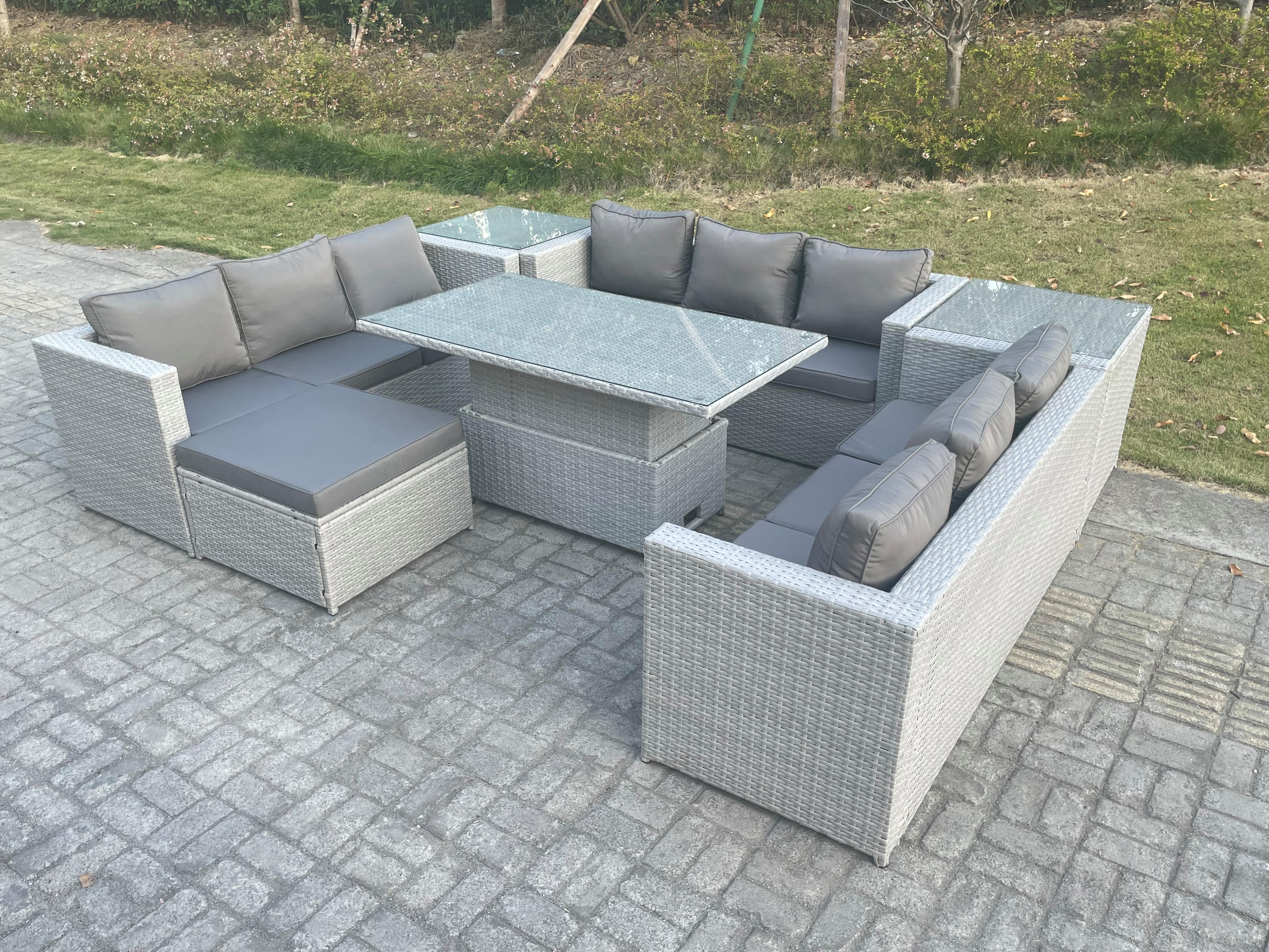 GARTENMÖBEL SET mit höhenverstellbarer Tisch Polyrattan Helles Grau 7-teilige - Hellgrau, Metall - Fimous