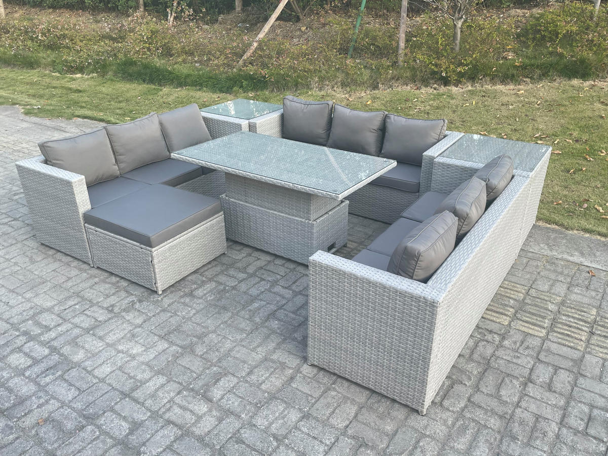 GARTENMÖBEL SET mit höhenverstellbarer Tisch Polyrattan Helles Grau 7-teilige - Hellgrau, Metall - Fimous