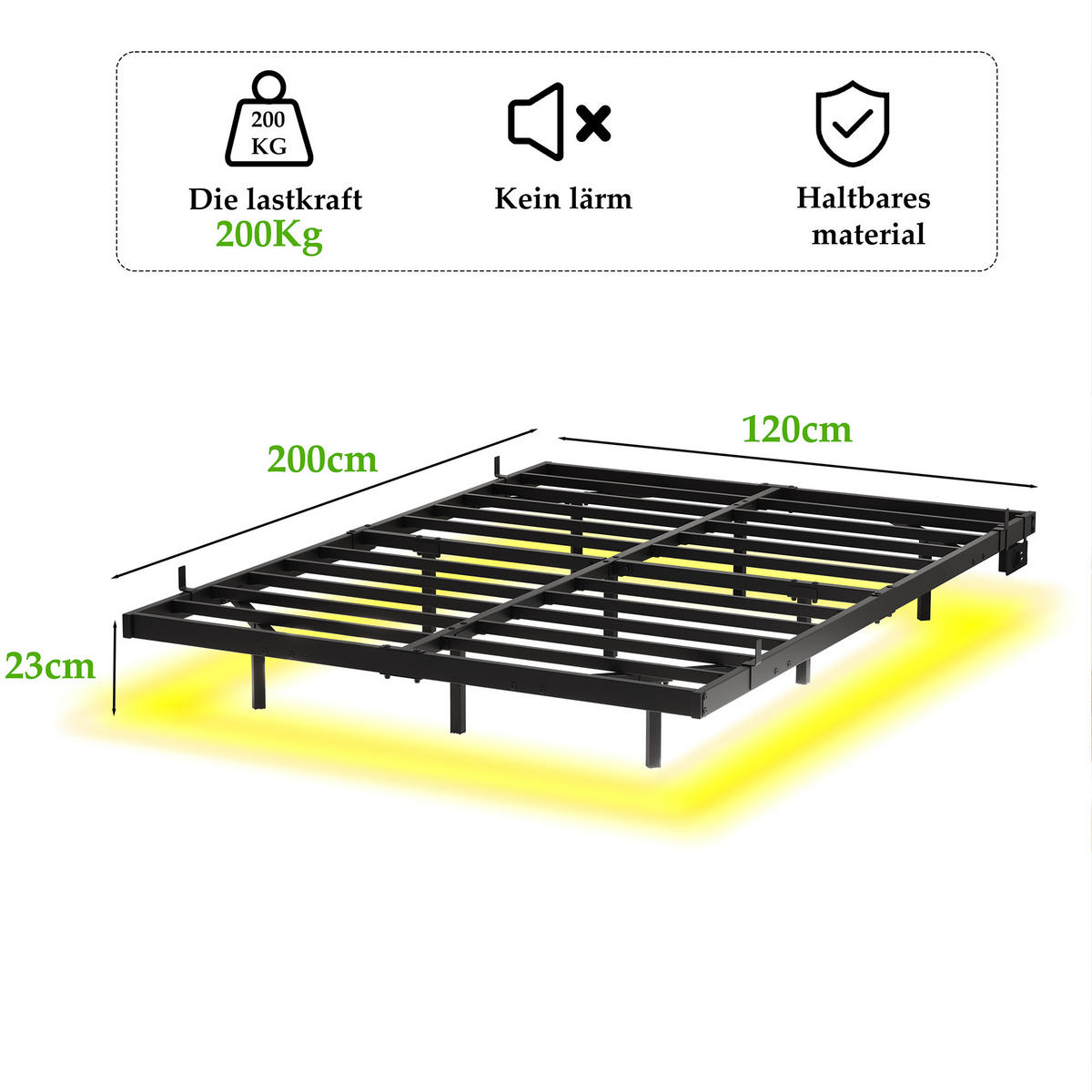 METALLBETT 120/200 cm in Schwarz mit LED und USB - Schwarz, Metall (120/200cm) - WISHDOR