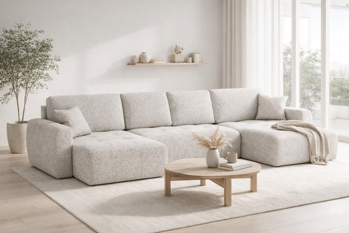 ECKSOFA Mit Schlaffunktion Und Bettkasten U-Form Ivo U, Chenillestoff Artico, Nata - Beige, Holz (342/142cm) - Kaiser Möbel
