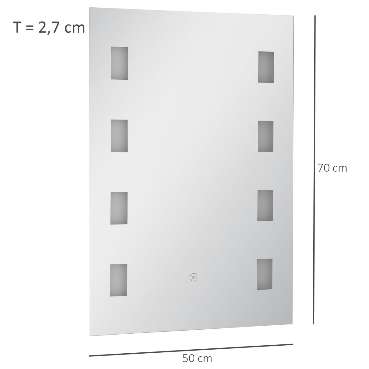 BADSPIEGEL mit LED-Beleuchtung und Antibeschlagfunktion, Touch-Schalter, 70 x 50 cm ,Silber - Silberfarben, Glas (70/50/2.7cm) - Vallsero