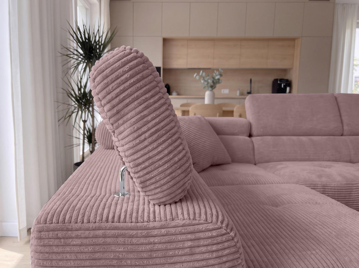 ECKSOFA L Form Konak Rosa 276/201/90 cm Links mit Schlaffunktion - Silberfarben/Rosa, Textil/Metall (203/276cm) - AX Living
