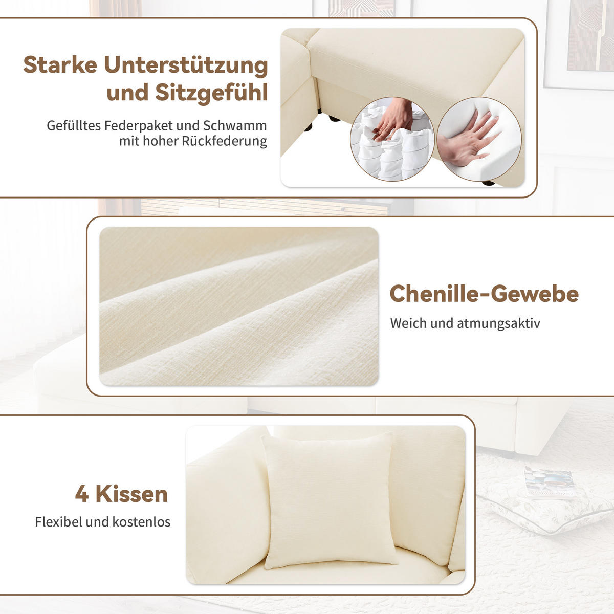 ECKSOFA, Chenille mit verstellbaren Armlehnen & Hocker, 218/156,5/86 cm, Beige - Beige, Textil (156.5/218cm) - Redom