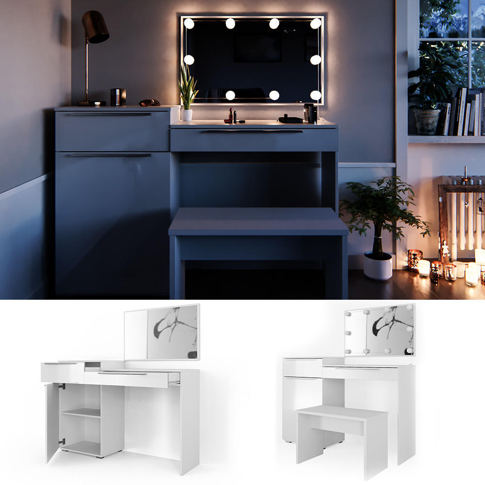 SCHMINKTISCH Lilli Weiß 135 cm mit LED Beleuchtung und Bank - Weiß, Holzwerkstoff (135/90/39cm) - Vicco