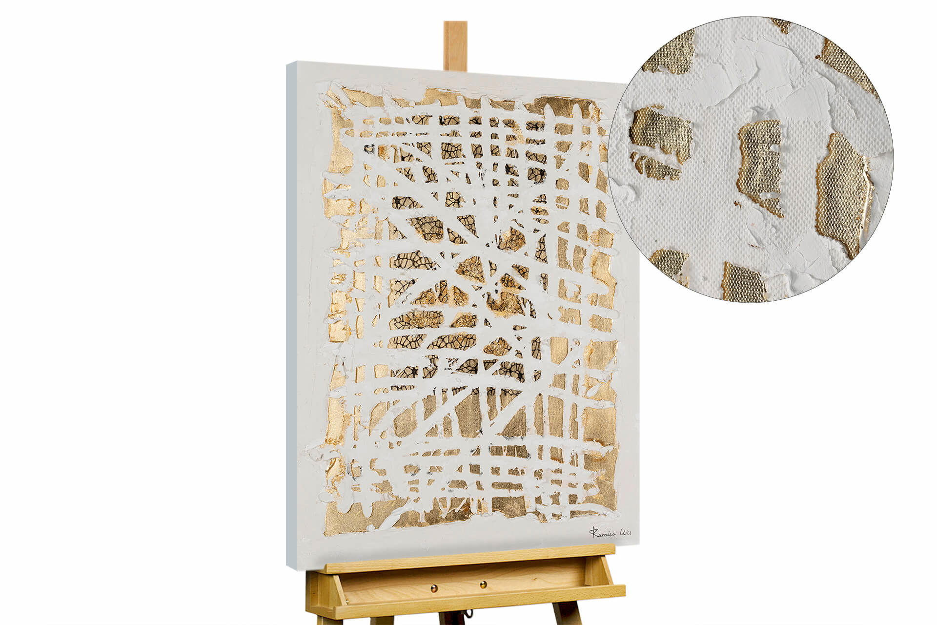 ACRYLBILD HANDGEMALT 60/90 cm - Goldfarben/Weiß, Holz/Textil (1.4/90cm) - KUNSTLOFT