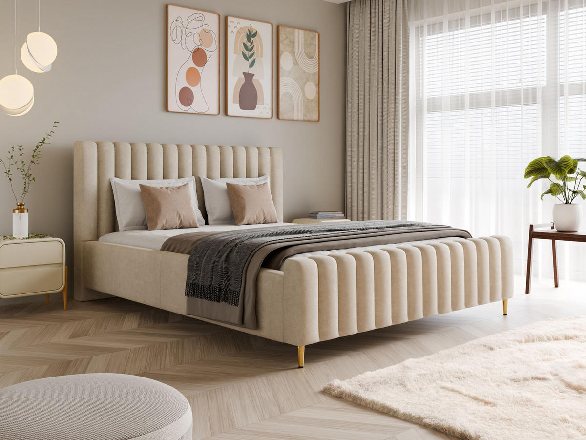 POLSTERBETT Lux Beige 180x200 cm mit Stauraum, Kopfteil, Lattenrost, Goldenen Füßen, Stoff Amon - Beige/Goldfarben, Holzwerkstoff/Kunststoff (180/200cm)