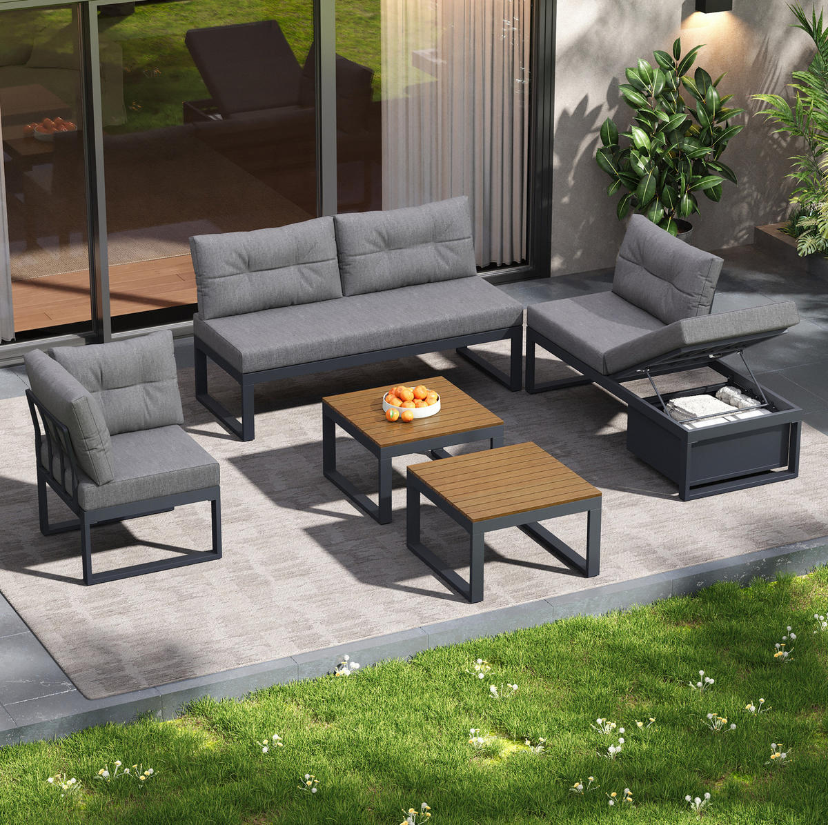 LOUNGEGARNITUR 191,5/79/191,5 cm Grau aus Polyester mit Stauraum und verstellbarer Rückenlehne - Grau, Textil - OKMYHOME