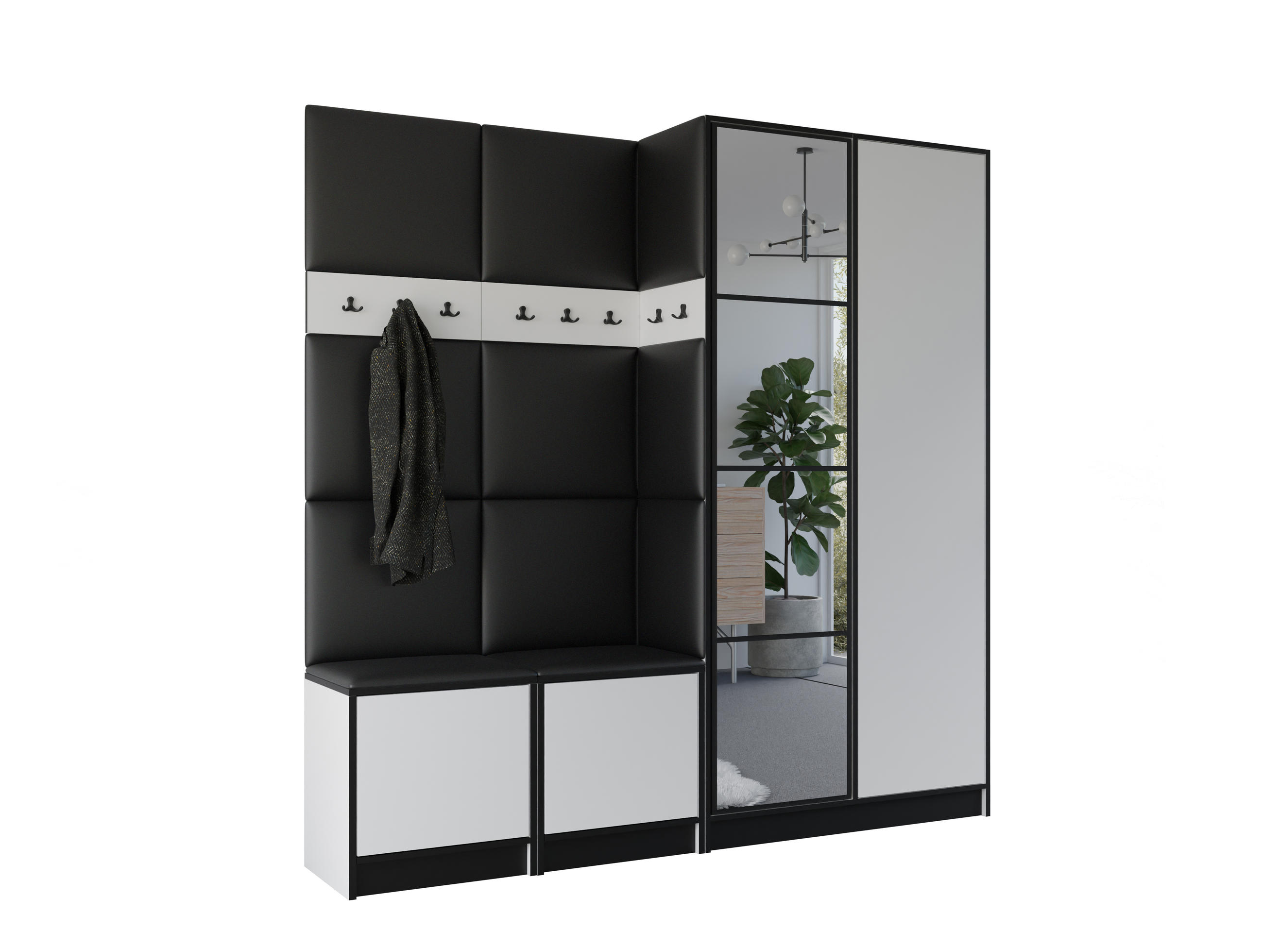 GARDEROBENSCHRANK EDEN 21 mit Spiegel - Weiß & Stoff Ökoleder Schwarz - Weiß, Holzwerkstoff (211/205/39cm) - Kier Furniture