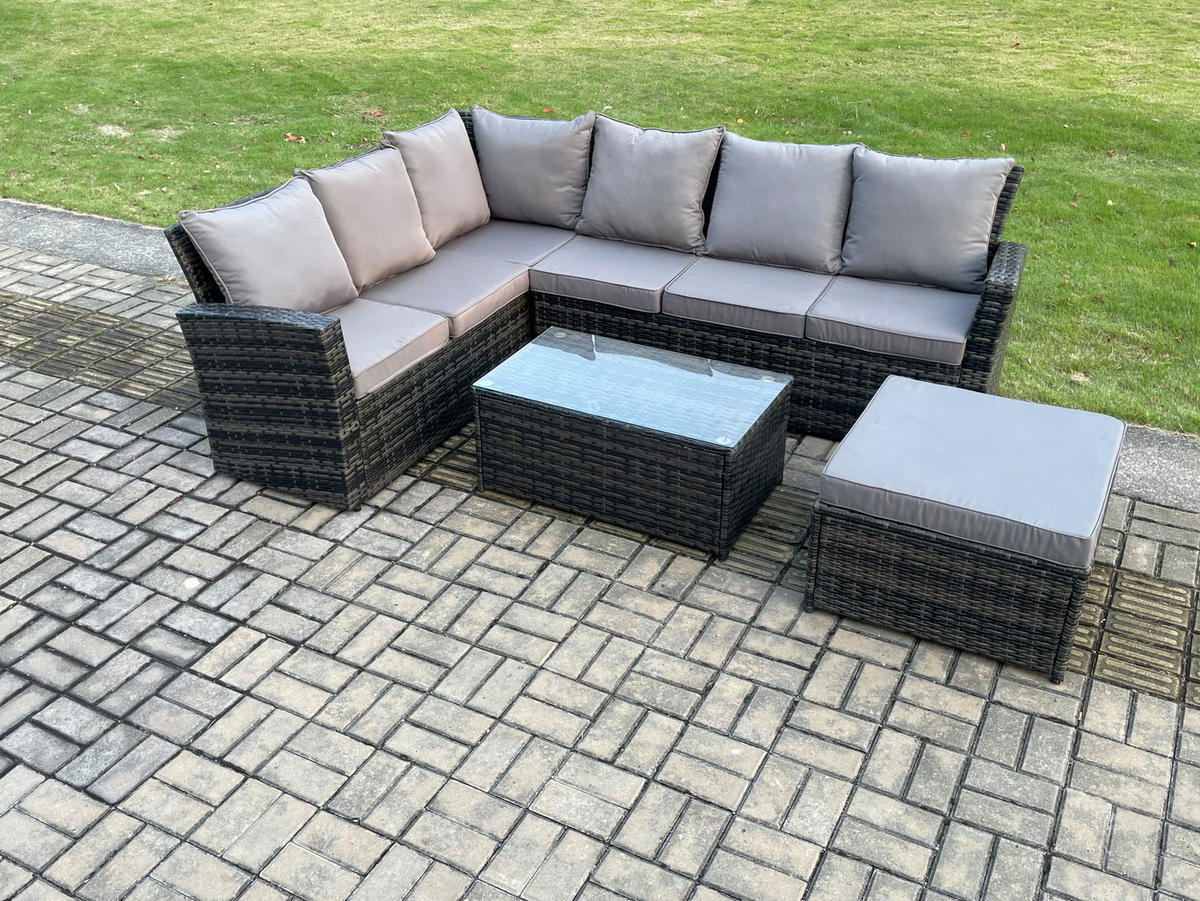 LOUNGEMÖBEL-SETS mit Couchtisch Sofa Polyrattan Dunkelgrau 7-Sitzer - Dunkelgrau/Grau, Glas/Kunststoff - Fimous