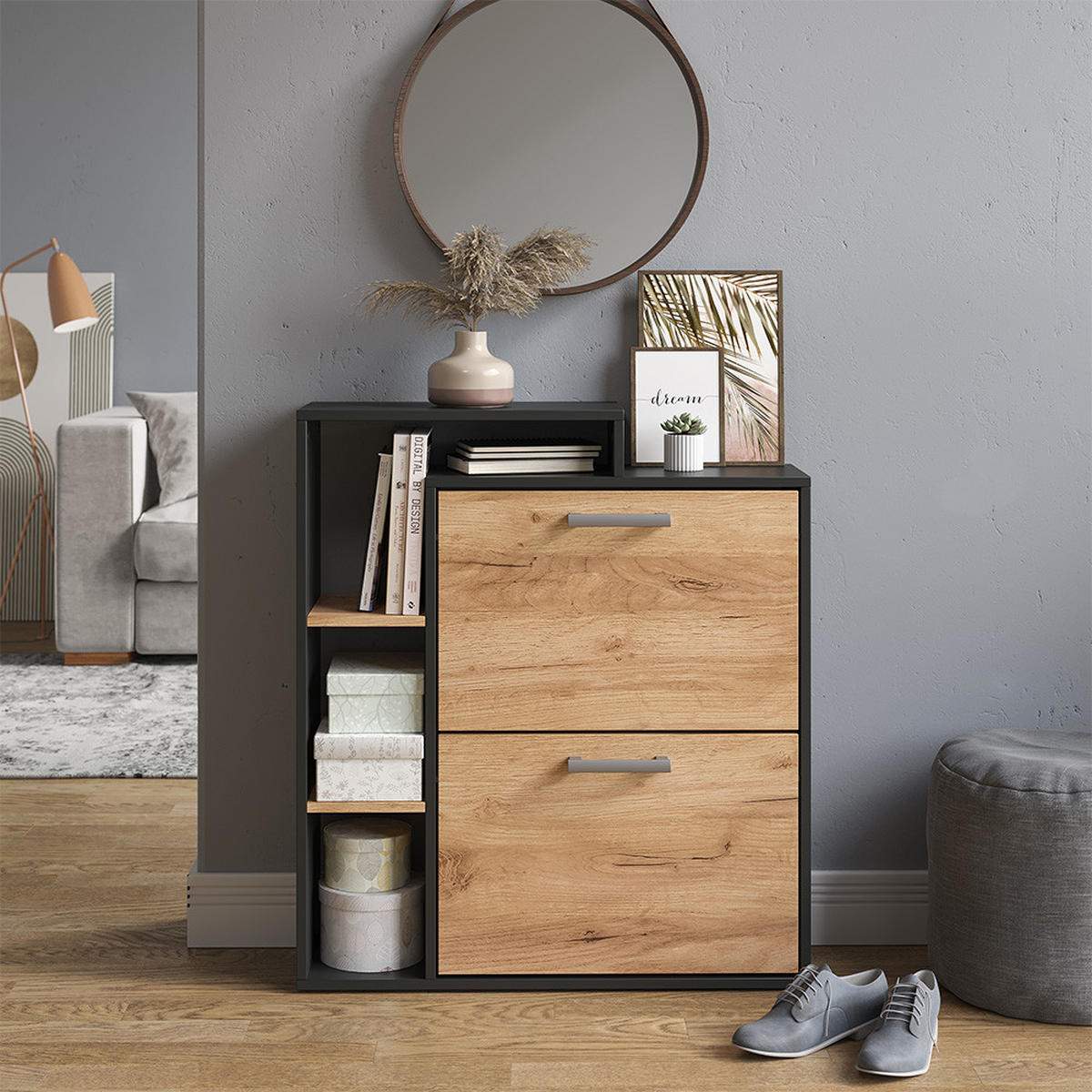 SCHUHKIPPER Orlando Goldkraft Eiche 24.5 x 90 cm 2 Fächern - Anthrazit/Eiche Wotan, Holzwerkstoff (24.5/90/80cm) - Vicco