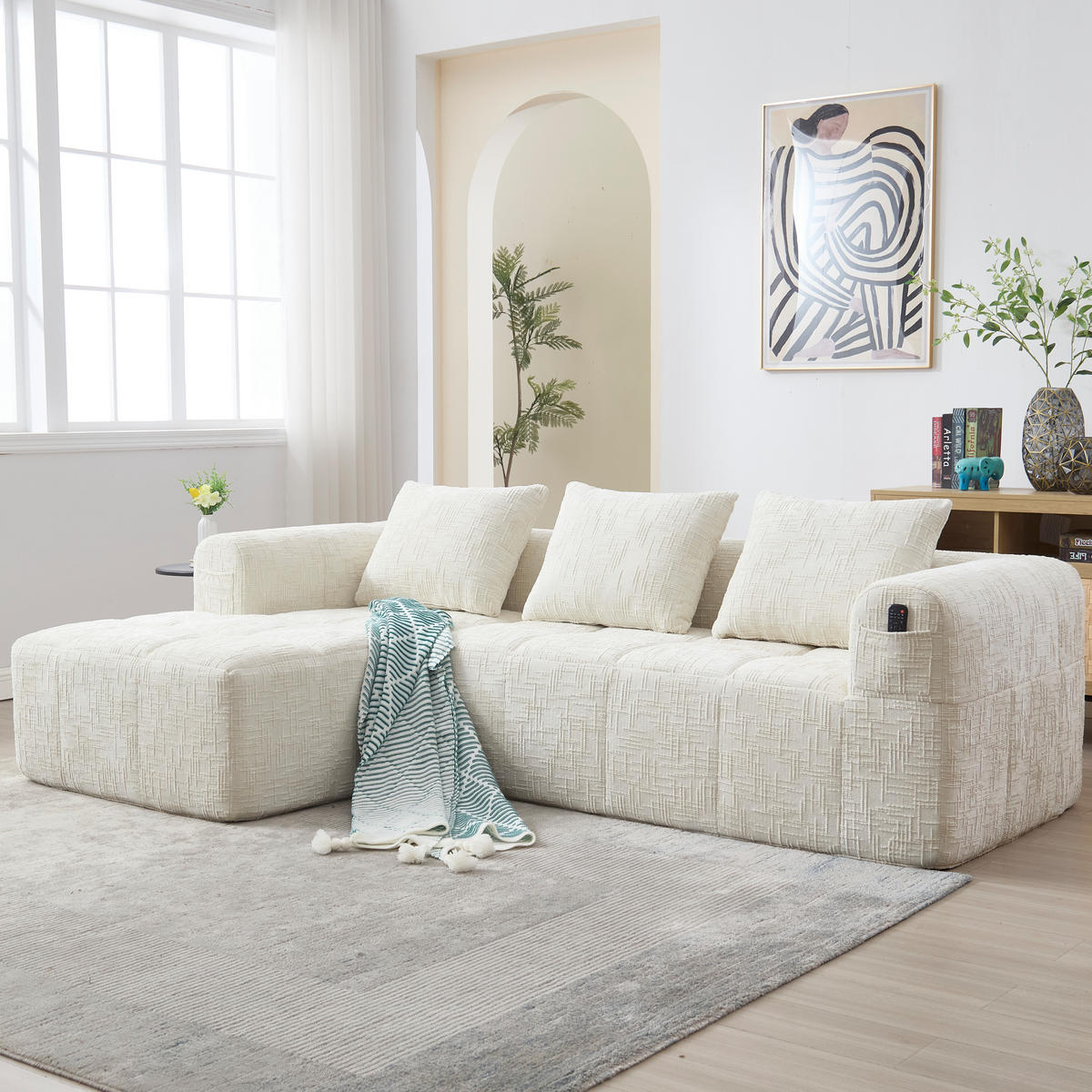 ECKSOFA Chenille Beige mit Kissen und Seitentaschen - Beige, Textil (250/158cm) - WISHDOR
