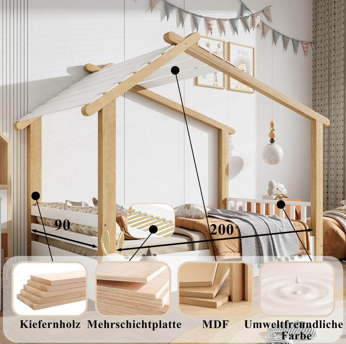KINDERBETT 90/200 cm in Hausform aus Kiefer und MDF in Weiß/Natur - Weiß, Holz (90/200cm) - BEAOK