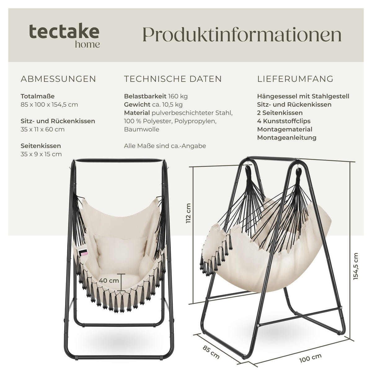 HÄNGESESSEL Alison,85 x 100 x 154,5 cm,beige - Beige, Naturmaterialien/Textil (85/154.5/100cm) - tectake