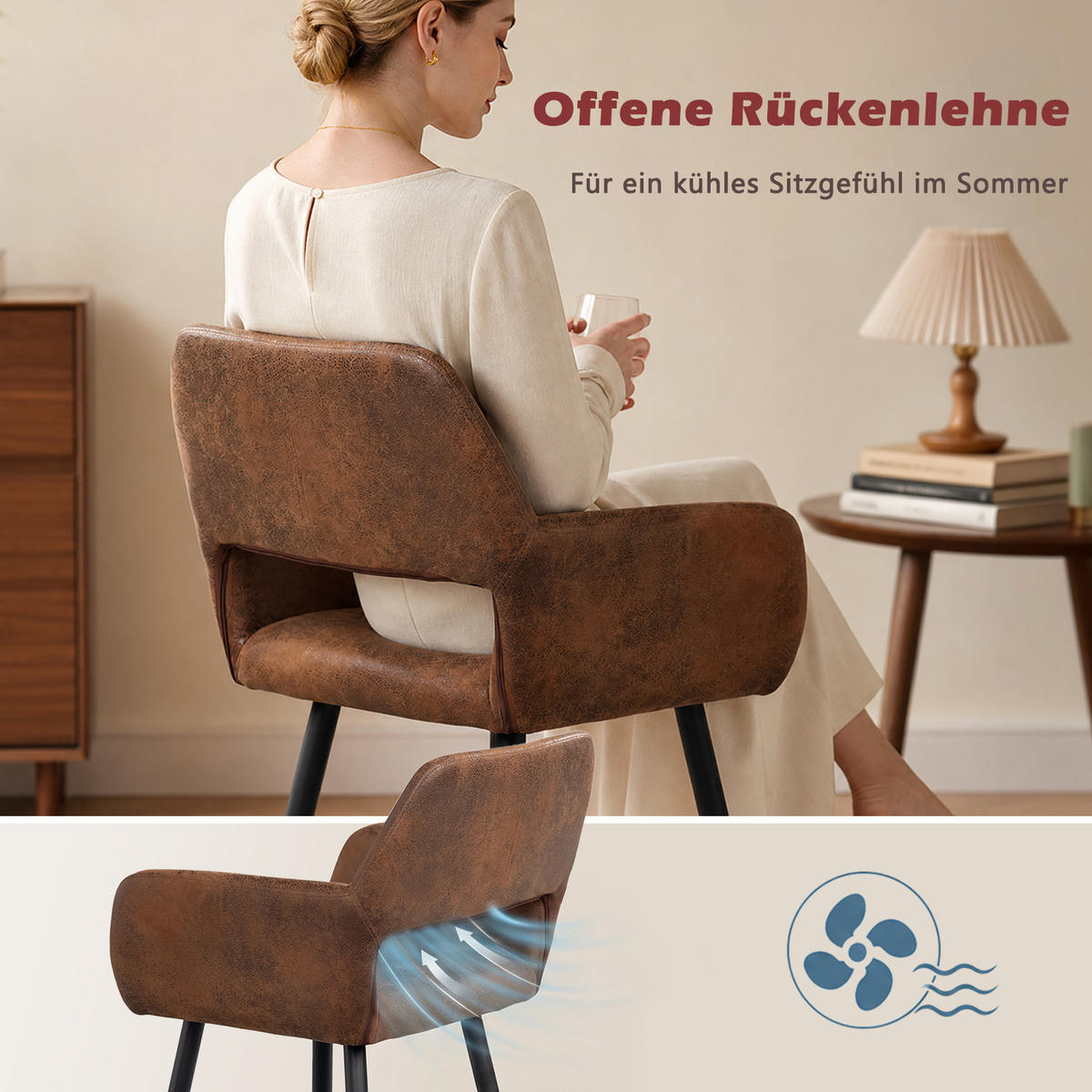 ESSGRUPPE 1 Tisch & 4 Suede Armlehnenstühle Braun - Schwarz/Braun, Textil/Metall (56/78/56cm) - Meubles Cosy