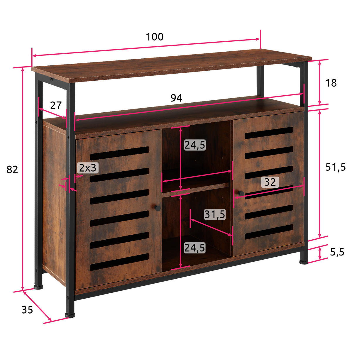 SIDEBOARD Warrington,mit höhenverstellbaren Kunststofffüßen, 100 x 37 x 82 cm,Industrial Holz dunkel, rustikal - Rostfarben, Holzwerkstoff (37/82/100cm) - tectake