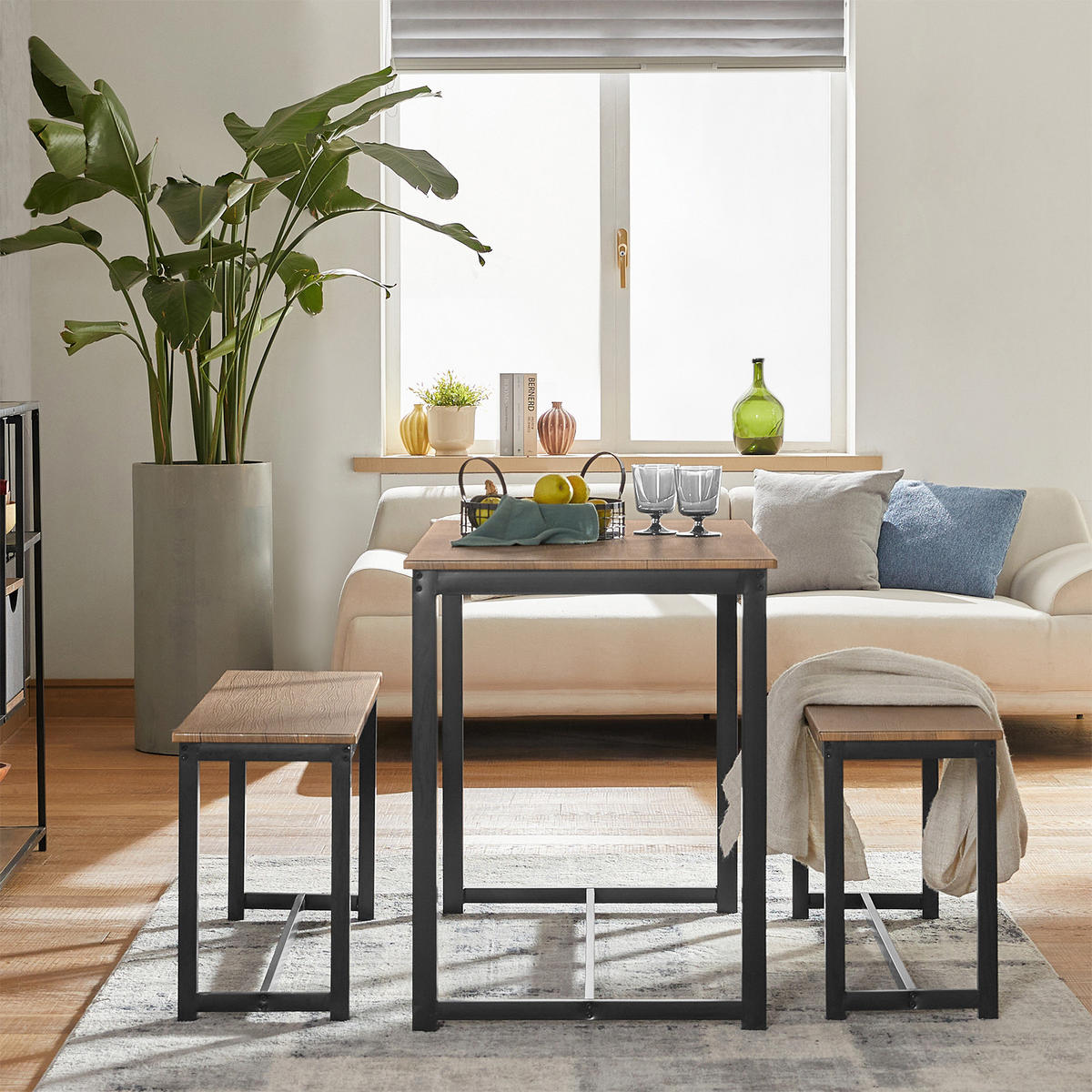 ESSTISCH + 2 x SITZBÄNKE - Braun, Holzwerkstoff/Metall (110/74/58cm) - SoBuy