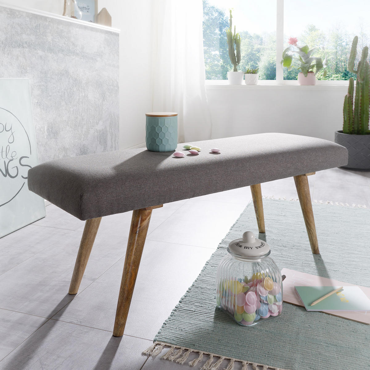 SITZBANK SILE Retro Stil Stoffbezug Massivholz, Grau 117x38x51 cm - Braun/Grau, Mangoholz/Textil (117/51/38cm) - KADIMA DESIGN